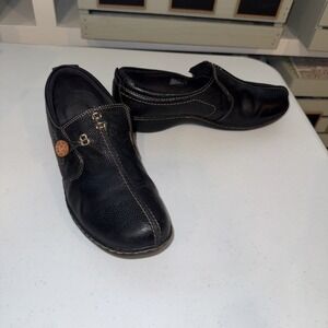 Unstructured by Clarks Women Black Leather Button Slip On Comfort Shoes Size 9 M